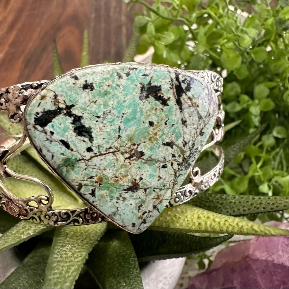 African Turquoise Jasper Cuff Bracelet Large Gemstone Sterling Silver Plated